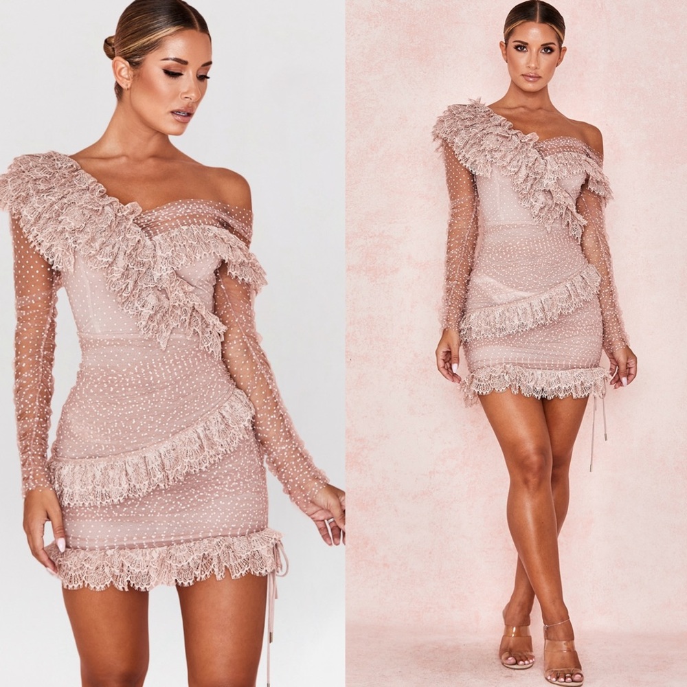 NWT HOUSE OF CB Sorrel Tulle Asymmetric Minidress in Blush. Size S - Picture 10 of 15
